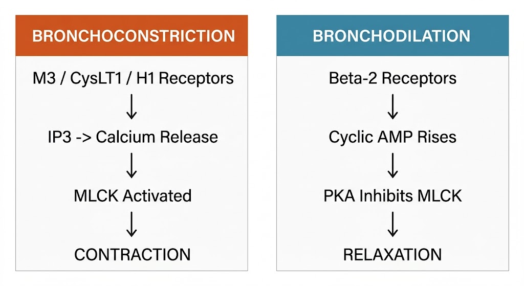 Two-panel diagram showing airway smooth muscle signaling: left panel shows Gq-driven bronchoconstriction pathway from M3/CysLT1/H1 receptors through IP3 and calcium release to MLCK activation and contraction; right panel shows Gs-driven bronchodilation pathway from beta-2 receptors through cyclic AMP and PKA to MLCK inhibition and relaxation.