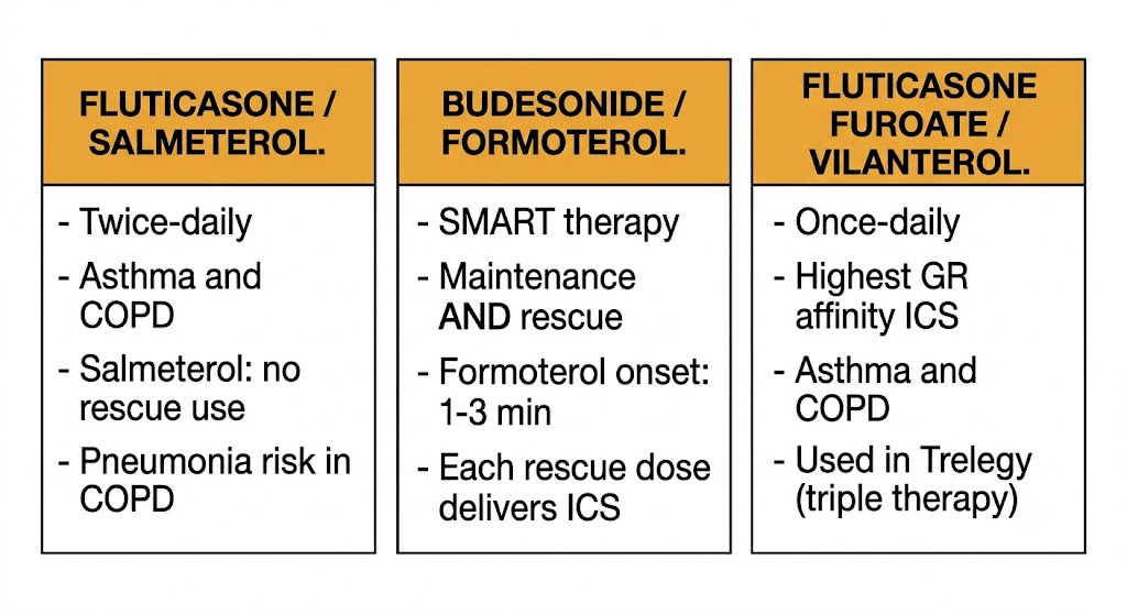 Three-panel comparison of ICS/LABA fixed-dose combinations: fluticasone/salmeterol (twice-daily, asthma and COPD, no rescue use, pneumonia risk in COPD); budesonide/formoterol (SMART therapy, maintenance and rescue, formoterol onset 1-3 minutes, each rescue dose delivers ICS); fluticasone furoate/vilanterol (once-daily, highest GR affinity ICS, asthma and COPD, used in Trelegy triple therapy).