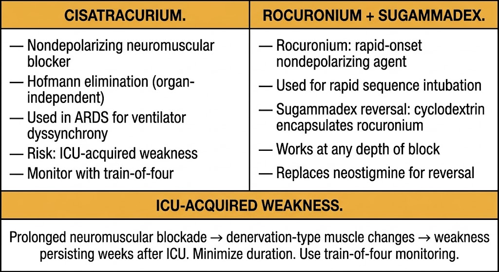 Two-panel comparison of neuromuscular blocking agents: left panel shows cisatracurium with Hofmann elimination for organ-independent clearance, ARDS use for ventilator dyssynchrony, ICU-acquired weakness risk, and train-of-four monitoring; right panel shows rocuronium for rapid sequence intubation with sugammadex cyclodextrin reversal working at any depth of block replacing neostigmine. Shared box describes ICU-acquired weakness from prolonged neuromuscular blockade causing denervation-type muscle changes.