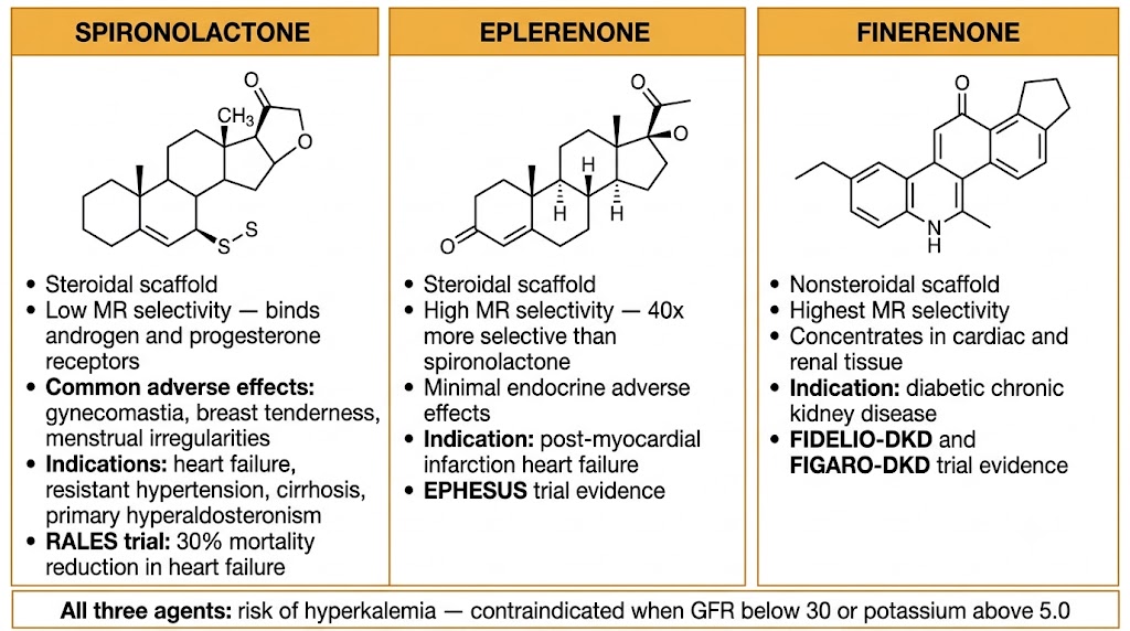 Three-panel diagram comparing spironolactone, eplerenone, and finerenone