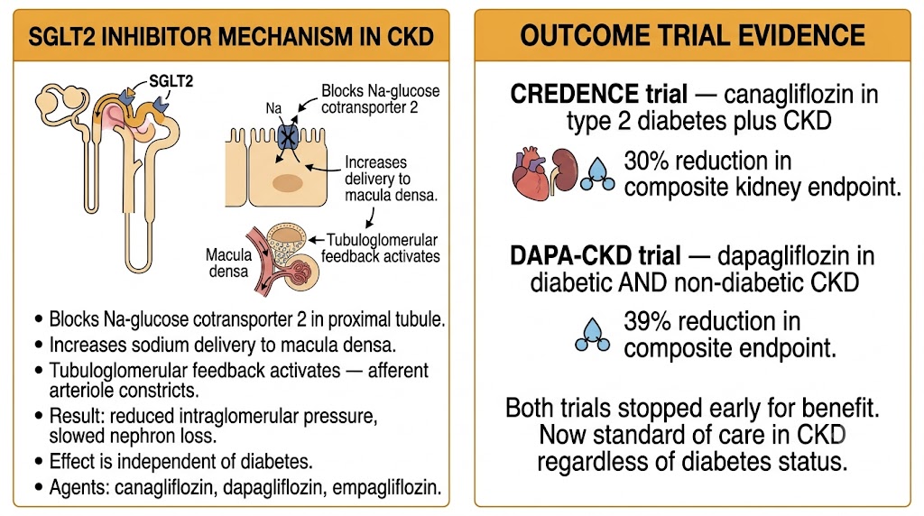 Two-panel diagram showing SGLT2 inhibitor mechanism in CKD and outcome trial evidence