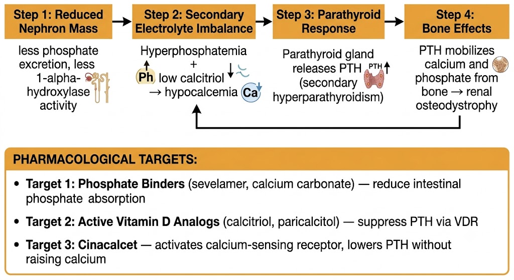 Flow diagram showing the CKD mineral bone disease cycle and pharmacological treatment targets