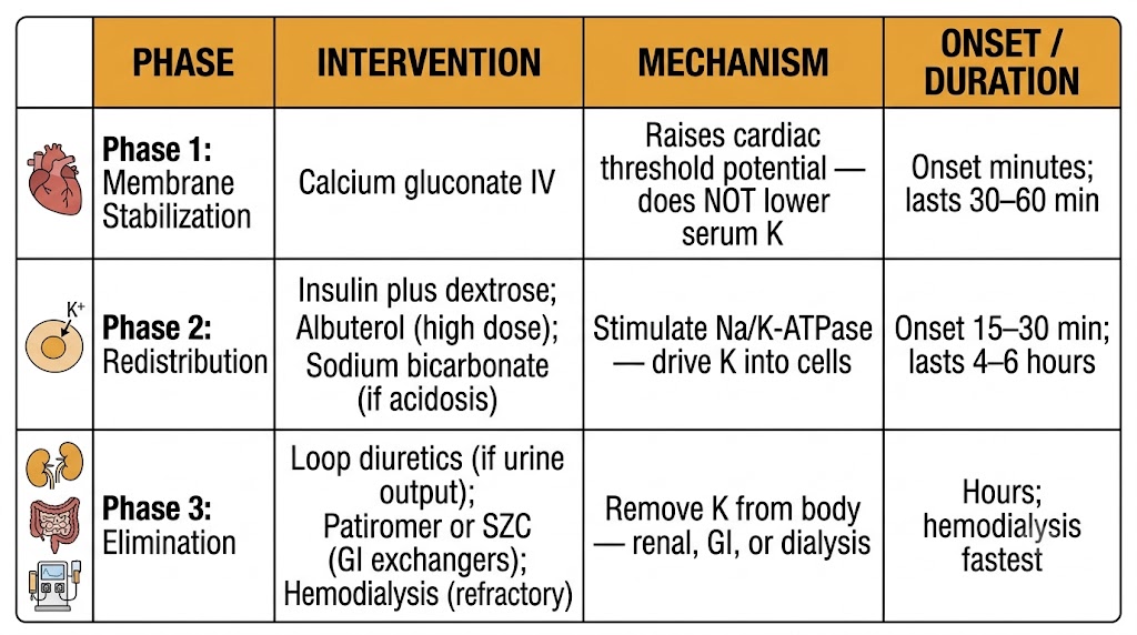 Table showing the three-phase management of hyperkalemia with interventions and mechanisms