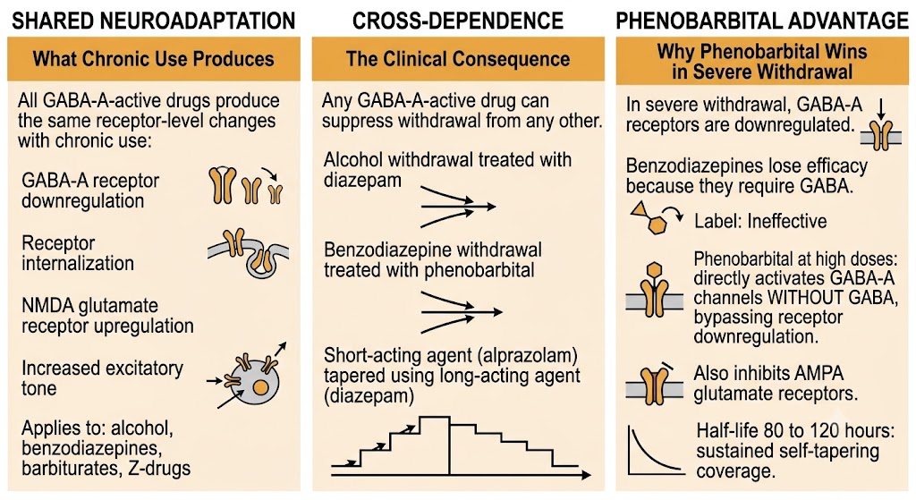 Diagram showing how cross-dependence among GABA-A-active sedative-hypnotics underlies clinical treatment strategies.