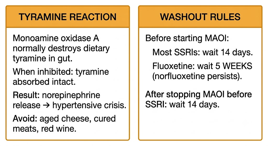 Two-panel diagram showing the tyramine hypertensive crisis mechanism and monoamine oxidase inhibitor washout rules including the 5-week requirement after fluoxetine.