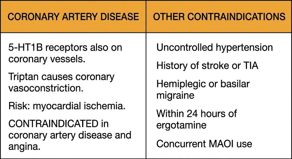 Two-panel diagram showing triptan contraindications: coronary artery disease with mechanism of coronary vasoconstriction, and a list of other contraindications including hypertension, stroke, hemiplegic migraine, ergotamine proximity, and MAOI use.