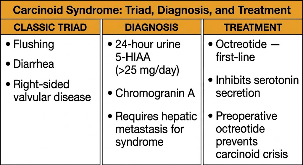 Three-panel diagram showing carcinoid syndrome classic triad of flushing, diarrhea, and right-sided valvular disease; diagnosis with 5-hydroxyindoleacetic acid and chromogranin A; and treatment with octreotide.