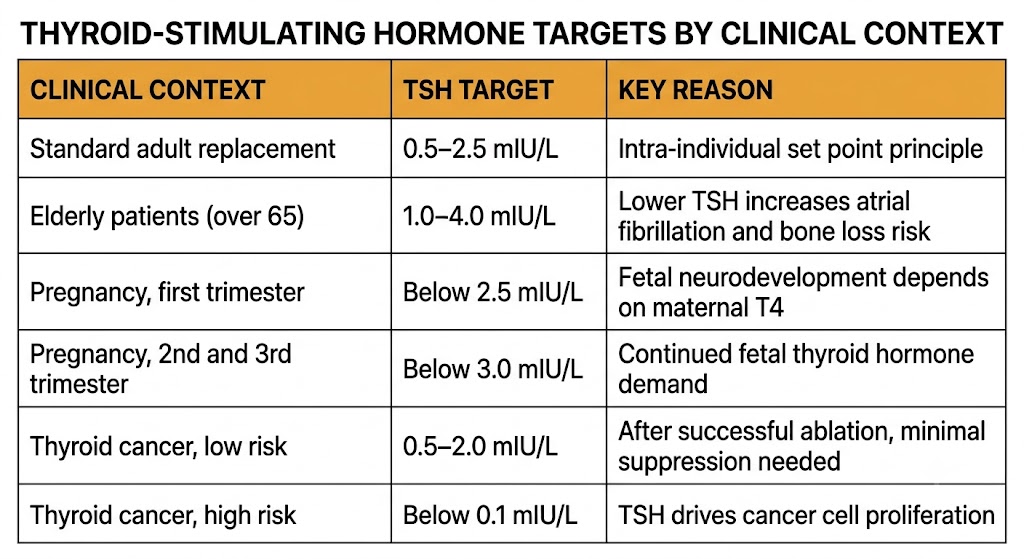 Table of levothyroxine thyroid-stimulating hormone targets across six clinical contexts
