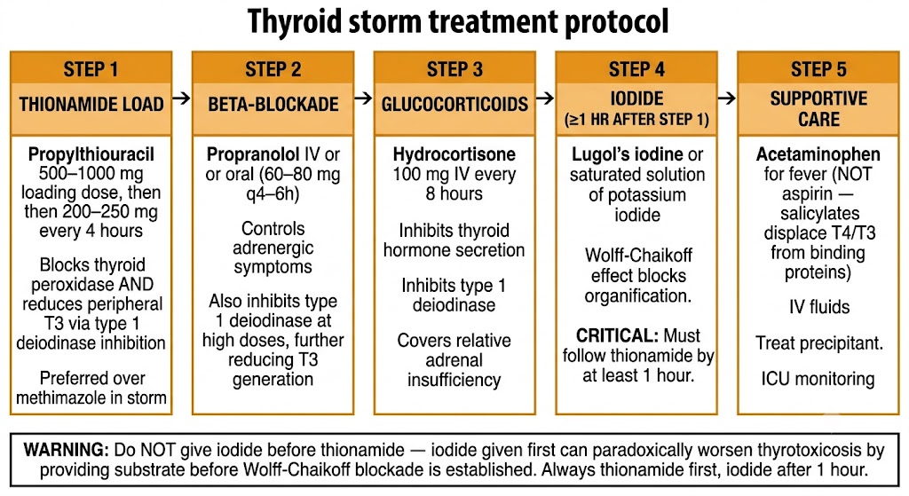 Five-step thyroid storm treatment protocol showing mandatory drug sequencing with propylthiouracil before iodide
