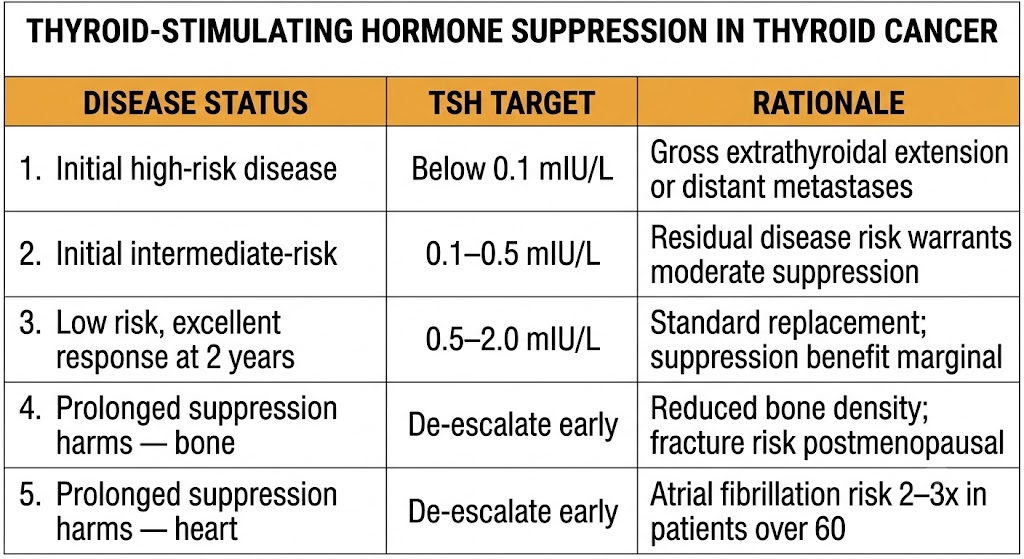 Table of thyroid-stimulating hormone suppression targets in differentiated thyroid cancer by risk and response