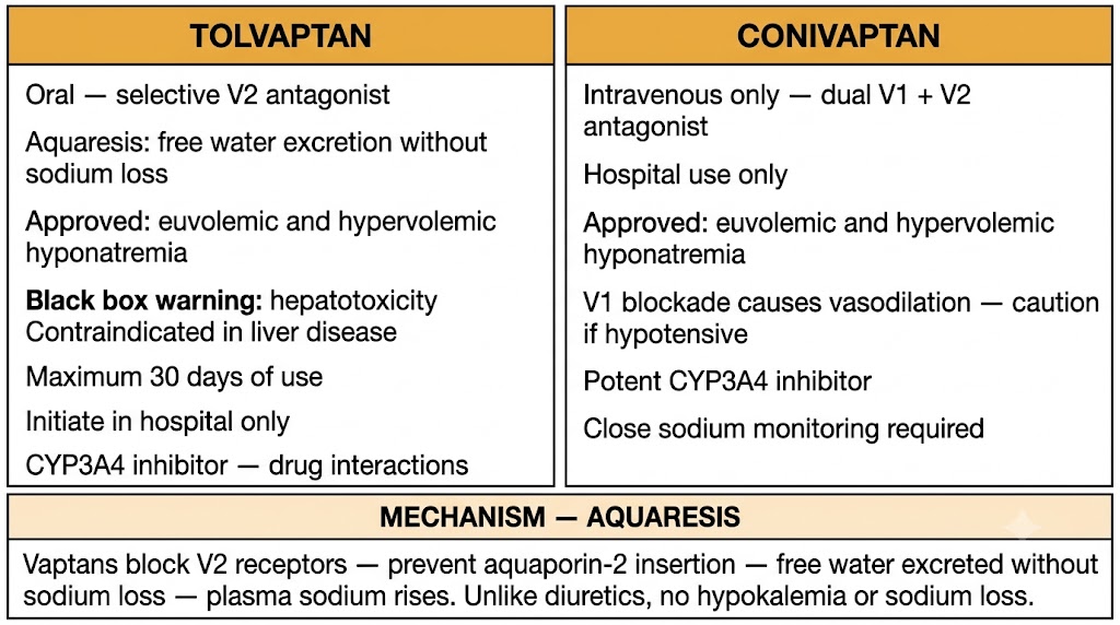 Two-panel comparison of the vaptans. Left panel shows tolvaptan as an oral selective V2 antagonist producing aquaresis, approved for euvolemic and hypervolemic hyponatremia, with a black box warning for hepatotoxicity, contraindication in liver disease, 30-day use limit, hospital initiation requirement, and cytochrome P450 3A4 inhibitor status. Right panel shows conivaptan as an intravenous dual V1 and V2 antagonist for hospital use only, with V1 blockade causing vasodilation requiring caution in hypotensive patients and potent cytochrome P450 3A4 inhibition. Shared panel below explains the aquaresis mechanism: V2 blockade prevents aquaporin-2 insertion, freeing water excretion without sodium loss.
